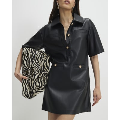 Black Faux Leather Pocket Detail Shirt Dress
