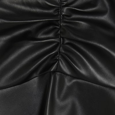 Black Faux Leather Ruched Mini Skirt