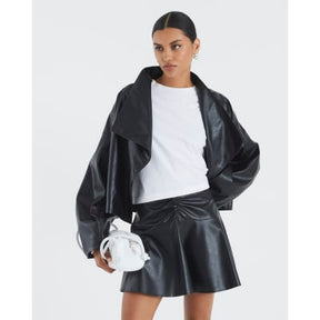 Black Faux Leather Ruched Mini Skirt