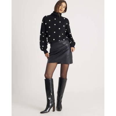 Black Faux Leather Ruched Side Mini Skirt