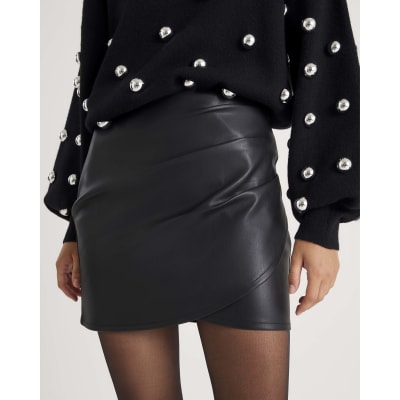 Black Faux Leather Ruched Side Mini Skirt