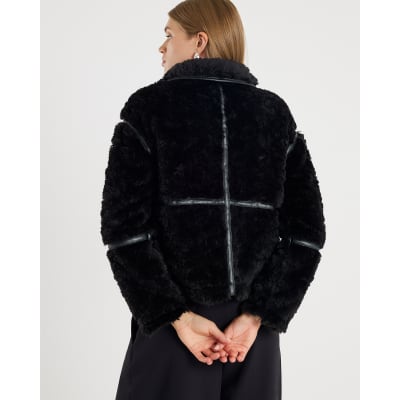 Black Faux Leather Seam Detail Borg Jacket