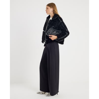 Black Faux Leather Seam Detail Borg Jacket