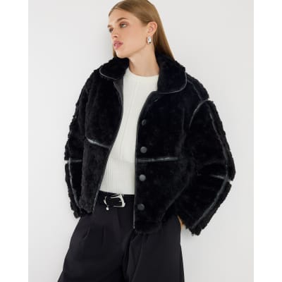 Black Faux Leather Seam Detail Borg Jacket
