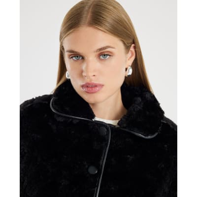 Black Faux Leather Seam Detail Borg Jacket