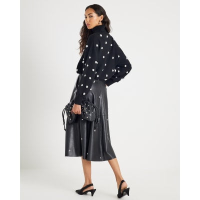 Black Faux Leather Studded A line Midi Skirt