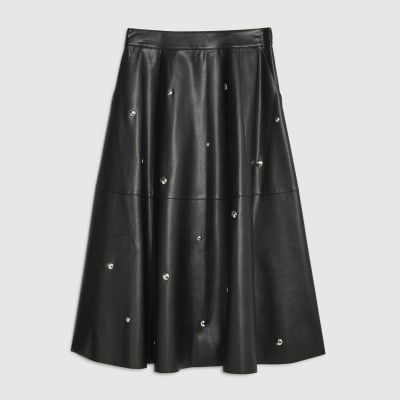 Black Faux Leather Studded A line Midi Skirt