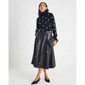 Black Faux Leather Studded A line Midi Skirt