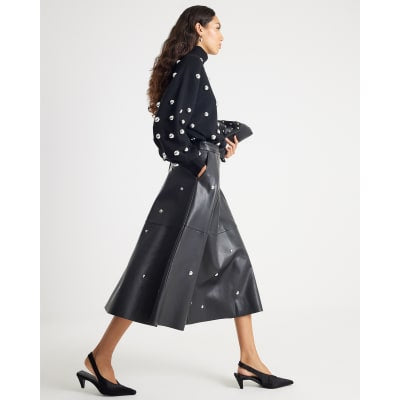 Black Faux Leather Studded A line Midi Skirt