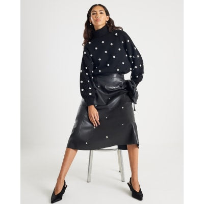 Black Faux Leather Studded A line Midi Skirt