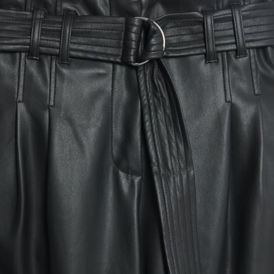 Black Faux Leather Tapered Belted Trousers