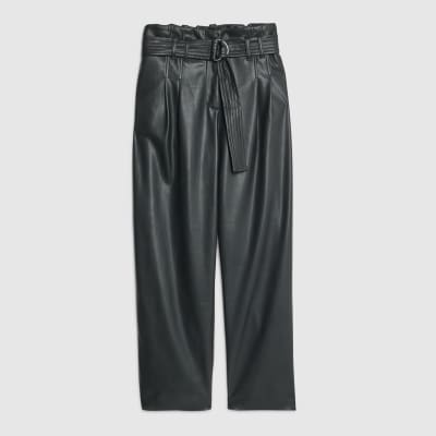 Black Faux Leather Tapered Belted Trousers