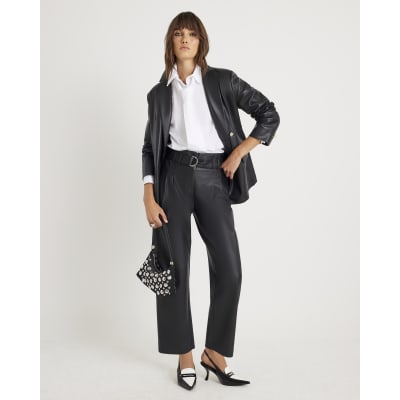 Black Faux Leather Tapered Belted Trousers