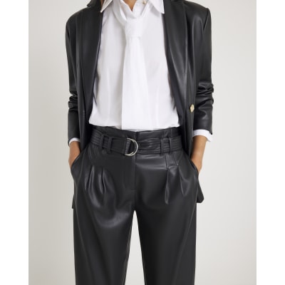 Black Faux Leather Tapered Belted Trousers
