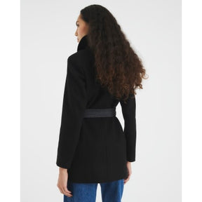 Black Faux Leather Trim Wrap Coat