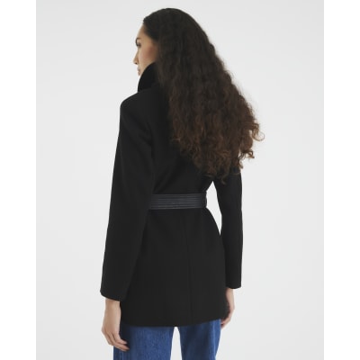 Black Faux Leather Trim Wrap Coat