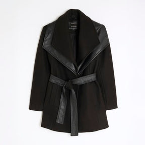 Black Faux Leather Trim Wrap Coat