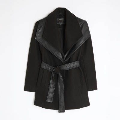 Black Faux Leather Trim Wrap Coat