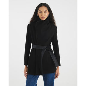 Black Faux Leather Trim Wrap Coat
