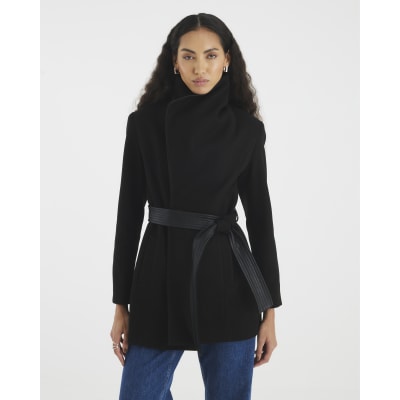 Black Faux Leather Trim Wrap Coat