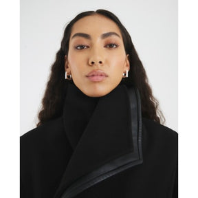 Black Faux Leather Trim Wrap Coat
