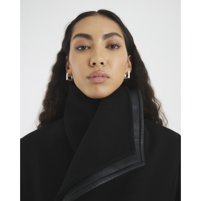 Black Faux Leather Trim Wrap Coat