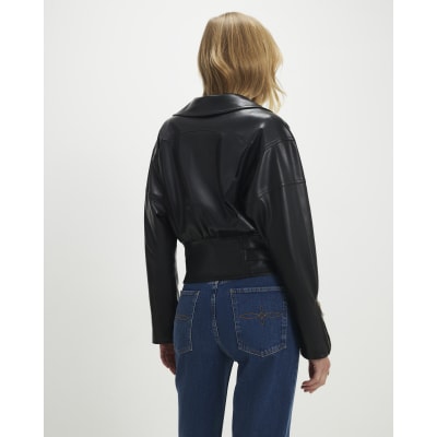 Black Faux Leather Waisted Biker Jacket
