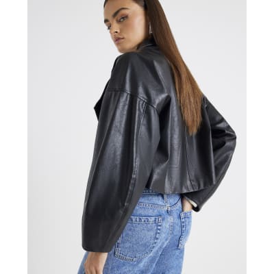 Black Faux Leather Waterfall Collared Jacket
