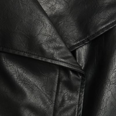 Black Faux Leather Waterfall Collared Jacket