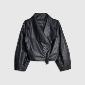 Black Faux Leather Waterfall Collared Jacket