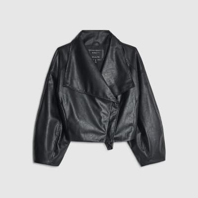 Black Faux Leather Waterfall Collared Jacket