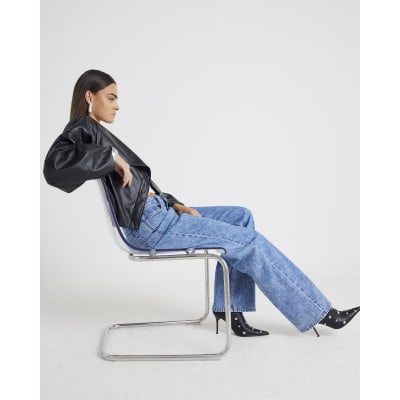 Black Faux Leather Waterfall Collared Jacket