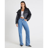 Black Faux Leather Waterfall Collared Jacket