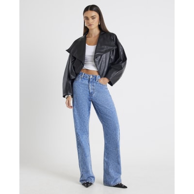 Black Faux Leather Waterfall Collared Jacket