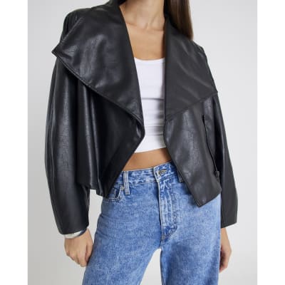Black Faux Leather Waterfall Collared Jacket