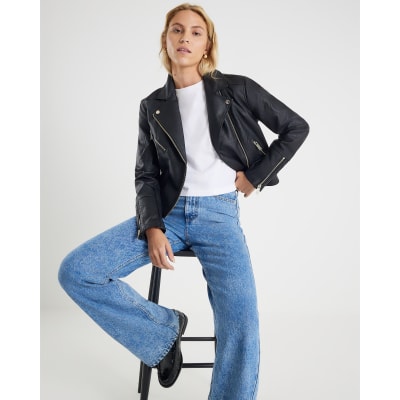 Black Faux Leather Zip Biker Jacket