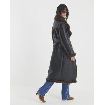 Black Faux Shearling Lined Belted Trench Coat
