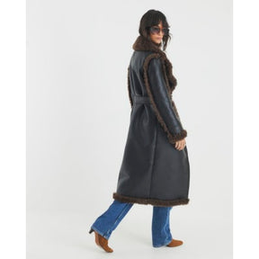 Black Faux Shearling Lined Belted Trench Coat