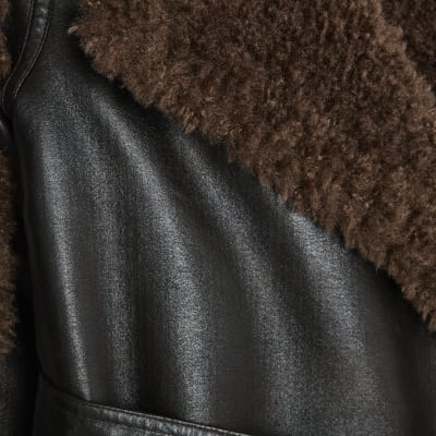 Black Faux Shearling Lined Belted Trench Coat