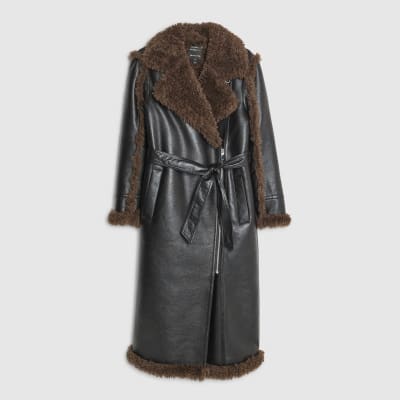 Black Faux Shearling Lined Belted Trench Coat