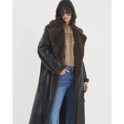 Black Faux Shearling Lined Belted Trench Coat