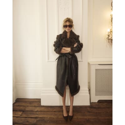 Black Faux Shearling Lined Belted Trench Coat