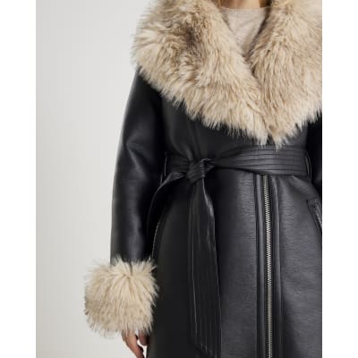 Black Faux Shearling Lined Trench Coat