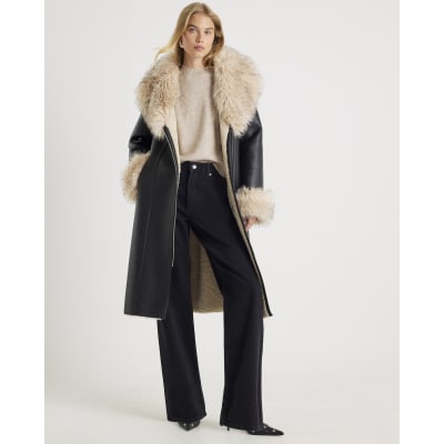 Black Faux Shearling Lined Trench Coat
