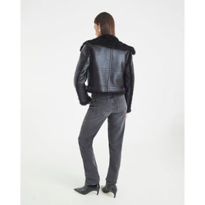 Black Faux Shearling Seam Aviator Jacket