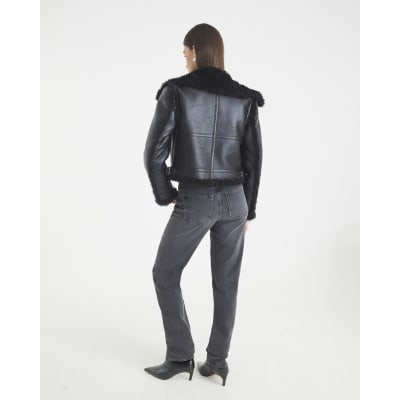Black Faux Shearling Seam Aviator Jacket