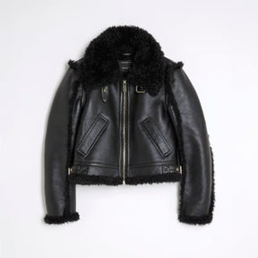 Black Faux Shearling Seam Aviator Jacket