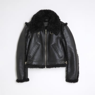 Black Faux Shearling Seam Aviator Jacket
