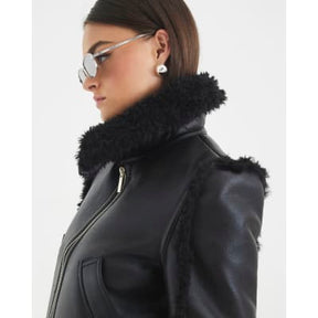 Black Faux Shearling Seam Aviator Jacket