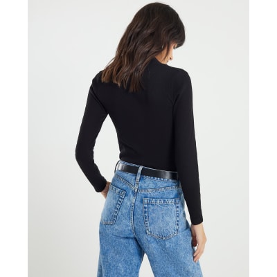 Black Fitted Ribbed V Neck Top